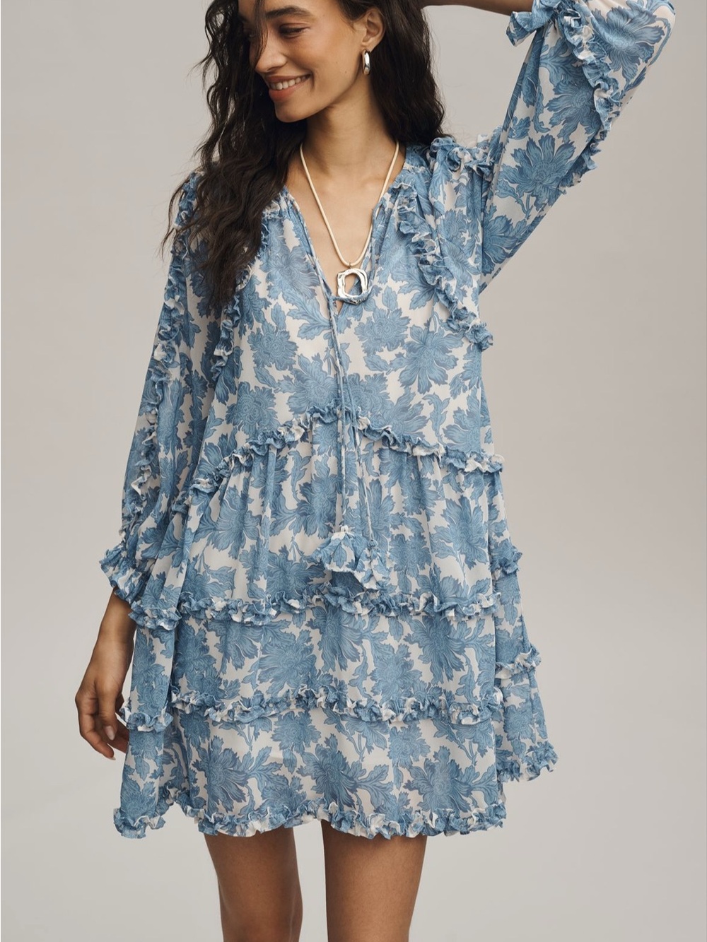 Anthropologie Blue and White Floral Ruffled Blouse